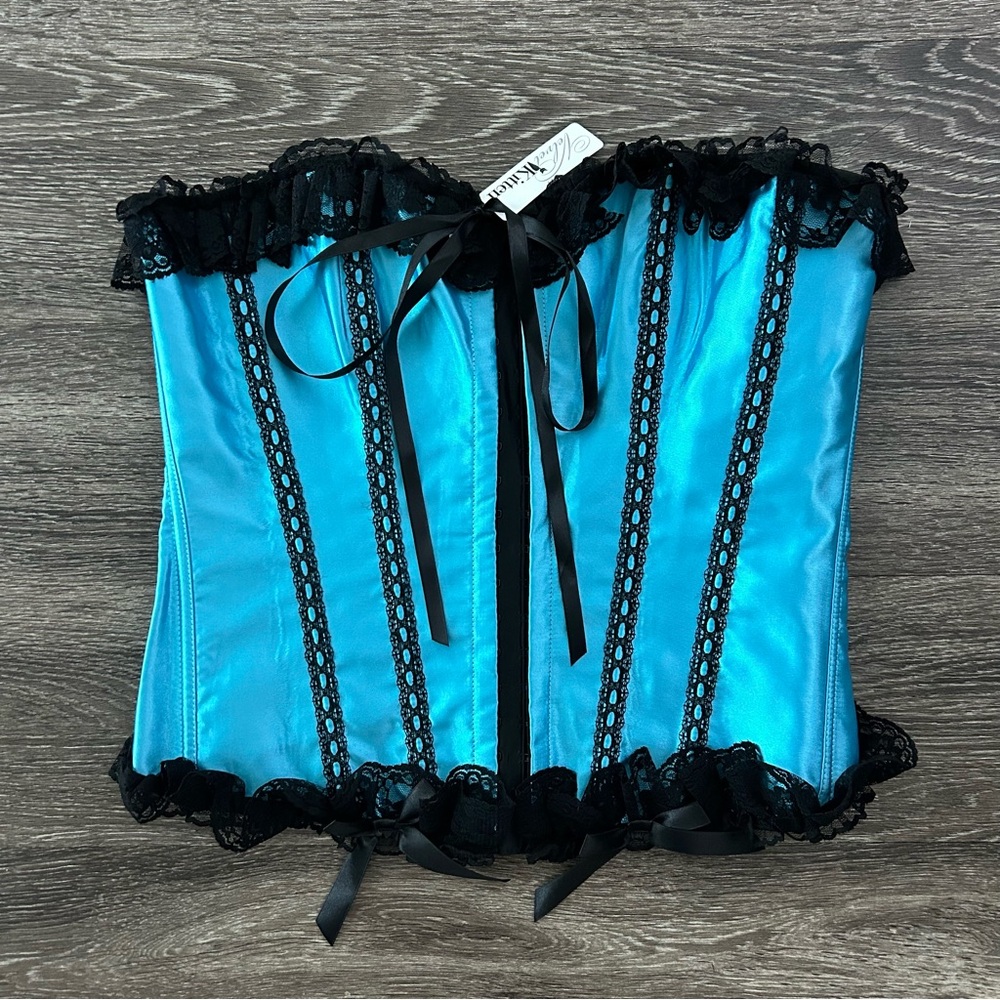 Velvet Kitten Corset Blue Satin Black Lace Up Ribbon Bows Size XL Y2K Bratz NWT